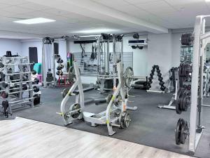 a gym with several tread machines and weights at Ocean View with Pool, 4 bedroom Vila Near Key West in Cudjoe Key