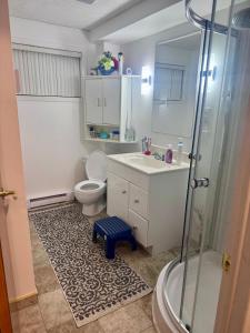 ein Badezimmer mit Toilette, Waschbecken und Dusche in der Unterkunft Amazing Home away from Home in Sainte-Catherine