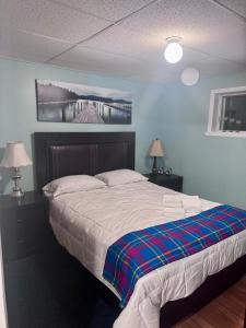 ein Schlafzimmer mit einem Bett und einem Gemälde an der Wand in der Unterkunft Amazing Home away from Home in Sainte-Catherine