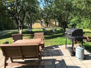 a picnic table and a grill in a park at Old Hospital & Sauna at the Beach in Pargas