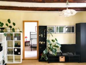 un salon avec des étagères blanches et un plafond dans l'établissement Villa Charlotte, à Bad Suderode