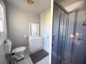 Un baño blanco con inodoro y ducha. en Victoria and Albert Guesthouse, en Mount Victoria 78 fotos más