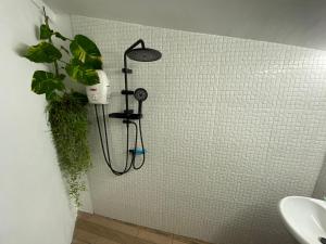 een douche in een badkamer met een groene plant bij Nomad Soul Bungalow in Ko Pha Ngan +7 foto's