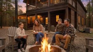 a group of people sitting around a fire in front of a house at Amazing Views Hot Tub Fire Pit Dog Friendly in Stephens Gap +56 photos