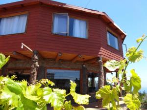 a red house with windows and a bunch of leaves at Casacerrolacruz in Pichilemu