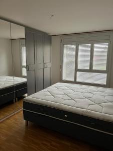 ein Schlafzimmer mit zwei Betten und zwei Fenstern in der Unterkunft Le relais du Marronnier in Grandsivaz