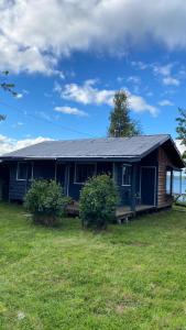 Cabaña Arte Patagonia في بويوهو: بيت ازرق وامامه شجيرتان
