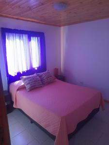 a bedroom with a bed with a pink blanket and a window at Cabañas San Benito in Los Antiguos +1 photo