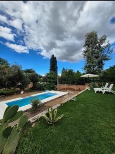 ein Hinterhof mit Swimmingpool und Rasen in der Unterkunft Las Valentinas Hospedaje de Montaña in Chilecito