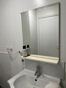 een badkamer met een wastafel en een spiegel bij Le Montagnard, Studio cosy, centre de Montbrison in Montbrison