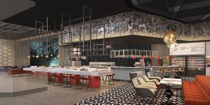 un allestimento di un ristorante con tavolo e sedie di Radisson RED Cebu Mandaue a Banilad