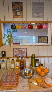 a kitchen counter with oranges and other items on it at Hostel del Lago, habitaciones privadas y cabañas in El Chalten