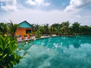 宁平Hidden Valley Eco Retreat Trang An的房子前面的一个大游泳池