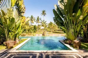 - une piscine dans une cour avec des palmiers dans l'établissement Hati Padi Cottages, à Ubud