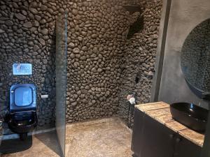 a bathroom with a stone wall with a toilet and sink at Silvaate stay in Karjat +17 photos