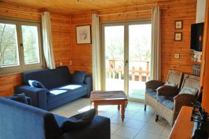 salon z niebieską kanapą, krzesłami i oknami w obiekcie Les Rochettes Vénus 2 w La-Roche-en-Ardenne