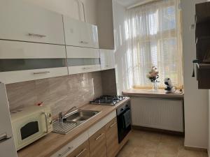a small kitchen with a sink and a microwave at Theatroom Apartman in Eger