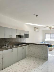 een witte keuken met witte kasten en een spoelbak bij Departamento Céntrico in Monterrey