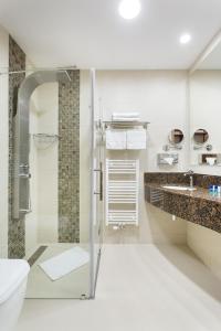 ein Bad mit einer Dusche, einem WC und einem Waschbecken in der Unterkunft Kurhotel Pyramide Sibyllenbad in Neualbenreuth