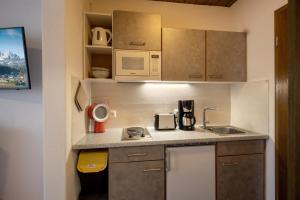 een kleine keuken met een spoelbak en een magnetron bij Haus St. Michael in Oberndorf in Tirol