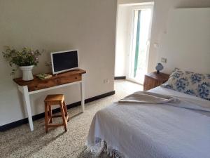 Schlafzimmer mit einem Bett und einem Schreibtisch mit einem TV in der Unterkunft I Calleri Garden and Rooms in Millesimo
