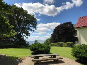 Eine Picknickbank steht im Gras in der Nähe des Wassers in der Unterkunft Ferienwohnung Seeblick in Waren (Müritz)