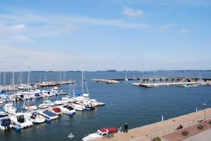 a group of boats docked at a marina at Villa Boddenblick in Wiek auf Rügen