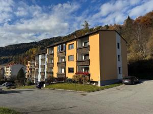 an apartment building in the middle of a parking lot at Appartement Märzenkeller in Murau
