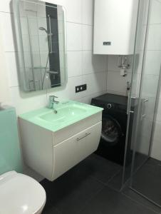 a bathroom with a sink and a washing machine at Appartement Märzenkeller in Murau