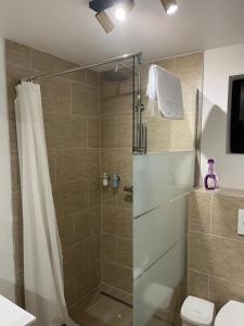 a bathroom with a shower with a shower curtain at Vila Soleil in Azuga