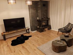 a living room with a large flat screen tv and a living room at Monastery 2 Aparthotel in Pamporovo