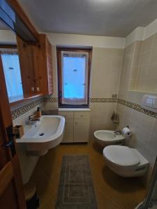 een badkamer met 2 wastafels, een toilet en een raam bij Il rifugio del Bianco in Courmayeur +9 foto's