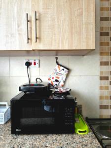 een magnetron bovenop een aanrecht bij Homebound stays in Nairobi +8 foto's