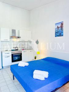 eine Küche mit einem blauen Bett in einem Zimmer in der Unterkunft Pesciolino Bianco in Campese + 9 Fotos