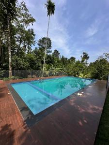 an empty swimming pool with a palm tree in the background at Avocado Orchards - Home Stay in Kenichira