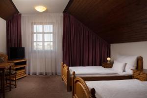 a bedroom with two beds and a window at OREA Hotel Arigone Olomouc in Olomouc