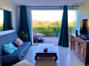 a living room with a blue couch and a tv at Les Restanques pressoir 3029 in Grimaud