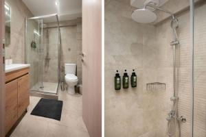 Luxury Kingbed Studio - Estia Premium Apartments في سلانيك: صورتين لحمام مع دش ومرحاض