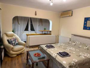 Un dormitorio con una cama, una silla y una mesa. en Apartament Otopeni#Aeroport#Therme#Natatie, en Otopeni