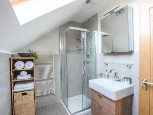 a bathroom with a shower and a sink at Dolwaenydd in Llanfairpwllgwyngyll +38 photos