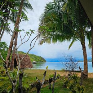 uma vista para o oceano a partir de uma praia com palmeiras em DK2 Resort - Hidden Natural Beach Spot - Direct Tours & Fast Internet em El Nido