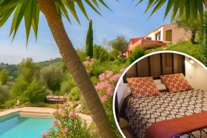 a bed next to a palm tree next to a swimming pool at VillaCarros - Studios in Sea & Mountain Villa near Nice with Idyllic View in Carros +6 photos