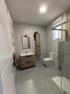 un bagno con un water, un lavandino e uno specchio di Alojamiento Rural El Lentisco 