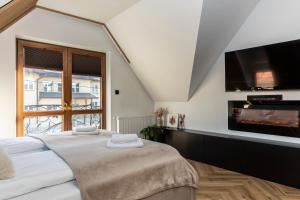 two beds in a room with a fireplace and a tv at TatryTop Dom Tatra Home Residence Jacuzzi in Biały Dunajec