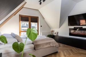a attic bedroom with a bed and a tv at TatryTop Dom Tatra Home Residence Jacuzzi in Biały Dunajec