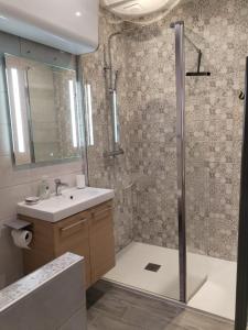 een badkamer met een douche en een wastafel bij Cajem in Étretat +12 foto's
