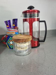 Una licuadora roja y un frasco sobre un mostrador en One on Old Main - Unit 2, en Hillcrest