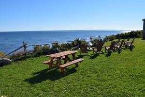 une rangée de tables de pique-nique et de chaises sur l'herbe près de l'océan dans l'établissement Les Cabines sur Mer, à Cap-des-Rosiers