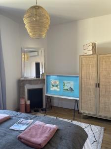 a bedroom with a bed and a tv and a fireplace at Maison Le Beaulieu in Vichy +34 photos