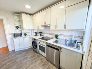 een keuken met witte kasten, een spoelbak en een vaatwasser bij Velasco Urban Lodge - Turistea in Huesca